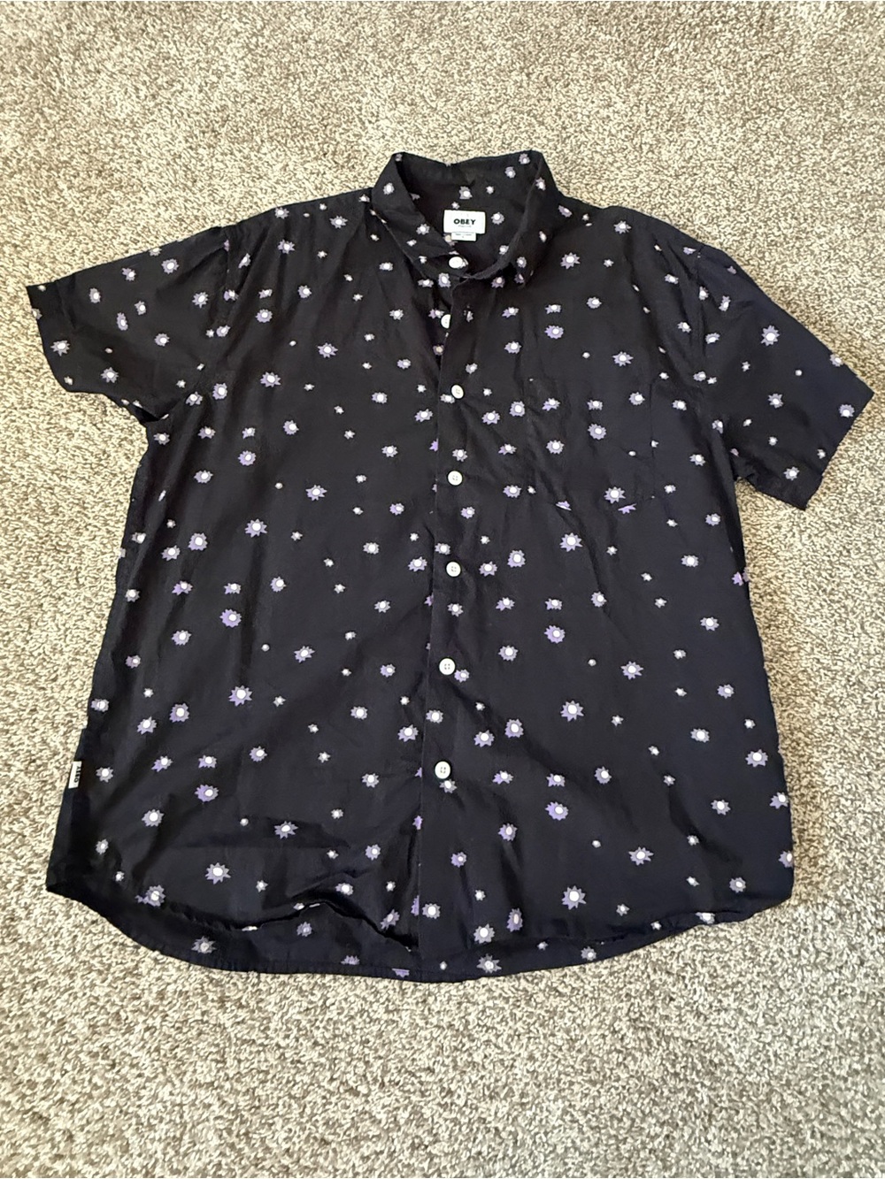 Obey Black Short-Sleeve Button-Down Shirt with Lilac Daisy Print